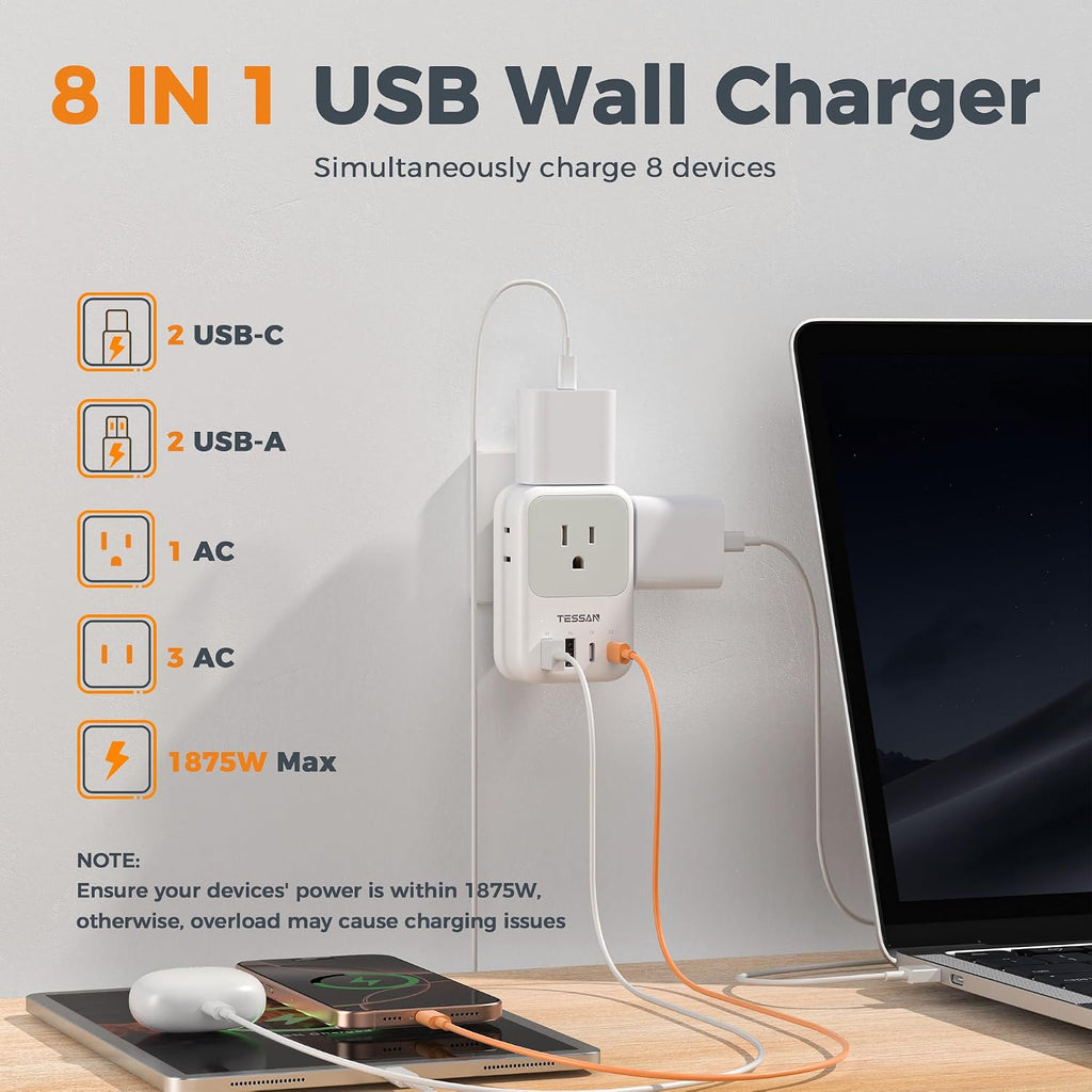 USB C Charger Block 20W PD, Fast Charging Adapter with Foldable Plug | 1875W Power Outlet Extender(4 AC and 4 USB) for Cruise, Home, Office, Dorm Room Essentials, Grey