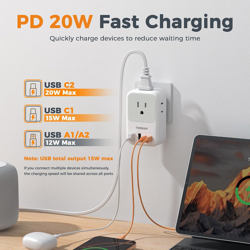 USB C Charger Block 20W PD, Fast Charging Adapter with Foldable Plug | 1875W Power Outlet Extender(4 AC and 4 USB) for Cruise, Home, Office, Dorm Room Essentials, Grey