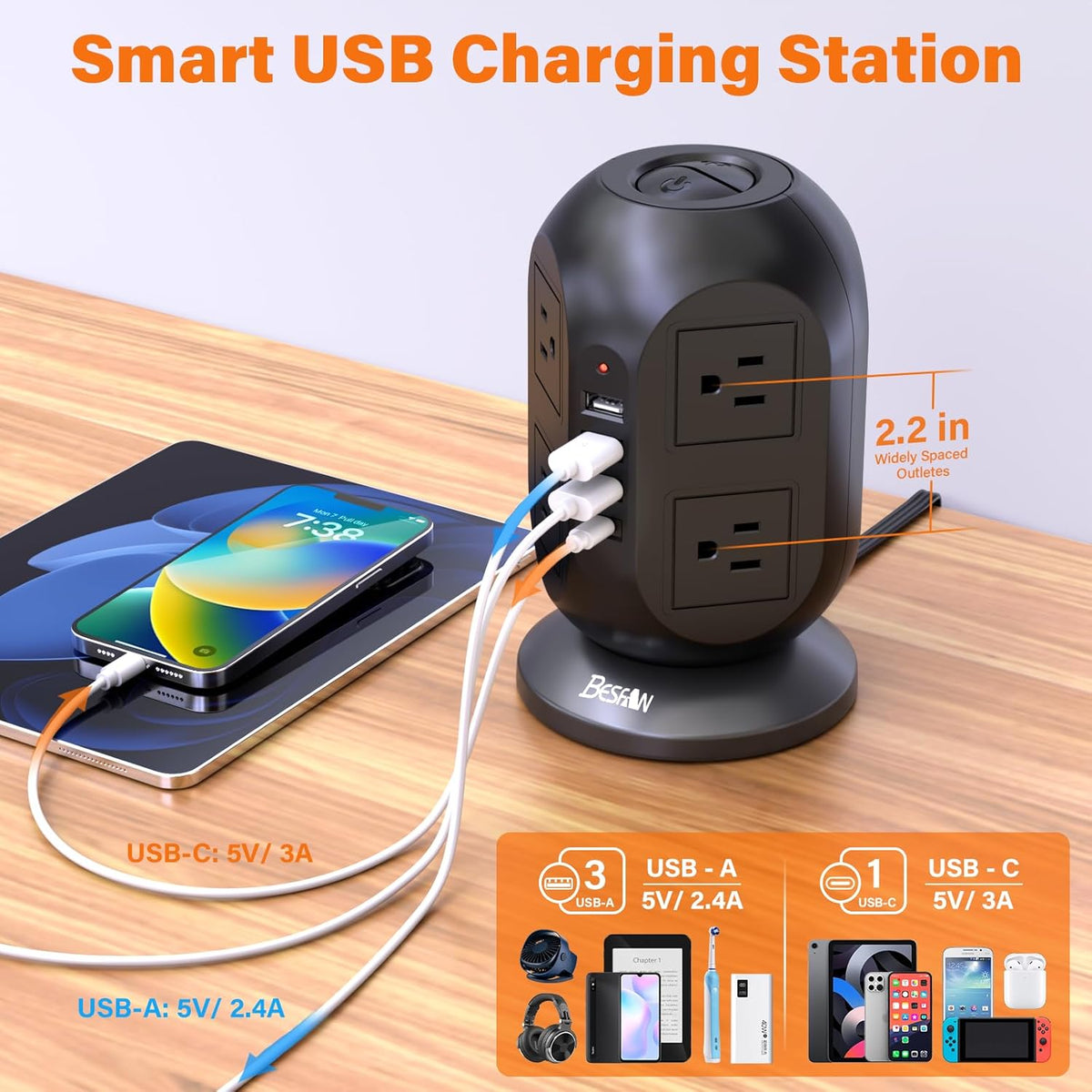 Power Strip Tower 8 Outlets 4 USB Ports