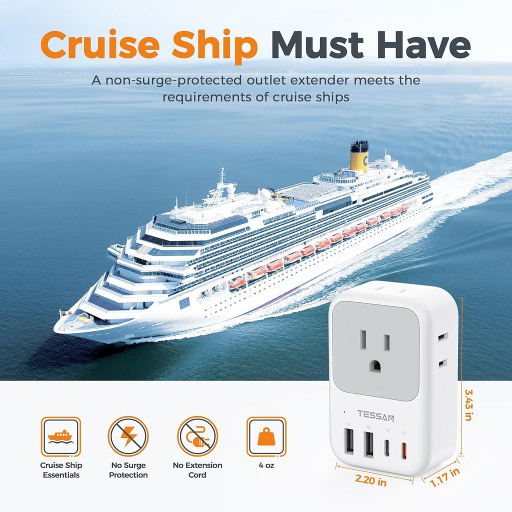 USB C Charger Block 20W PD, Fast Charging Adapter with Foldable Plug | 1875W Power Outlet Extender(4 AC and 4 USB) for Cruise, Home, Office, Dorm Room Essentials, Grey