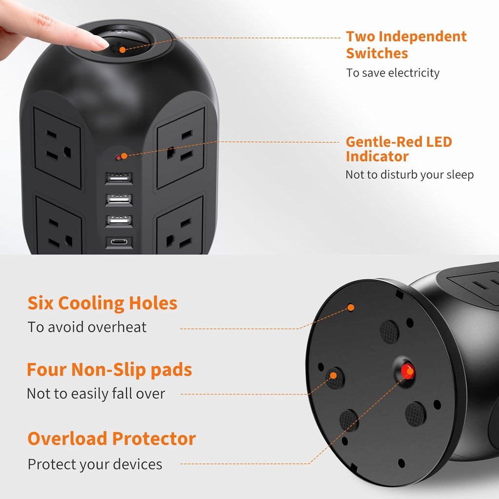 Surge Protector Power Strip Tower with 8 AC Outlets 4 USB Ports (1 USB C), 10 Ft Flat Extension Cord with Multiple Outlets Charging Station for Dorm Home Office Essentials, Black