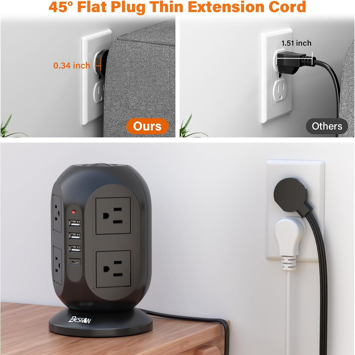 Power Strip Tower 8 Outlets 4 USB Ports