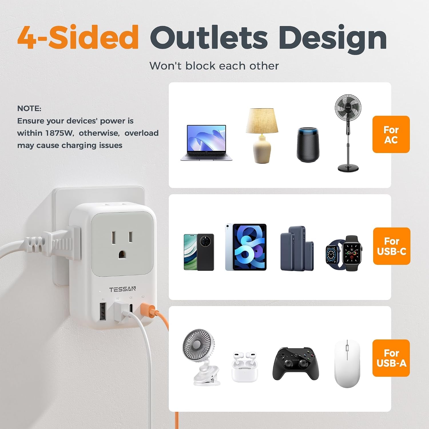 USB C Charger Block 20W PD, Fast Charging Adapter with Foldable Plug | 1875W Power Outlet Extender(4 AC and 4 USB) for Cruise, Home, Office, Dorm Room Essentials, Grey